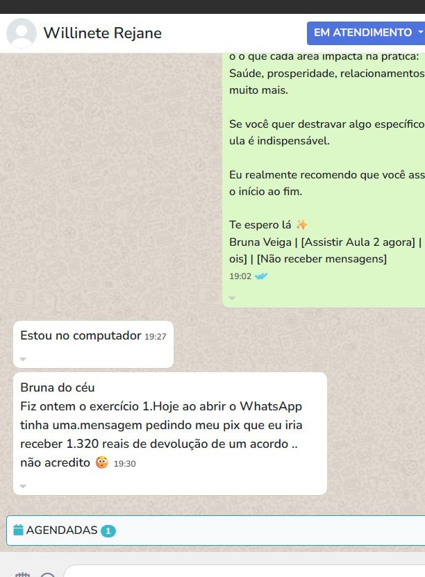 Mensagem de aluna contando que recebeu a devolução de um acordo depois do primeiro exercício